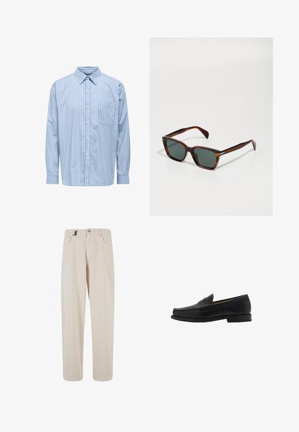 Jasnoniebieska koszula z długim rękawem w białe pionowe paski, z kołnierzykiem zapinanym na guziki, pojedynczą kieszenią na piersi i detalami na mankietach. Gładka struktura materiału.; Beżowe bawełniane spodnie w prostym kroju, z przednimi kieszeniami i zapięciem na guzik. Gładka tekstura z minimalnymi detalami.; Mango - Biznesowe loafersy; Okulary przeciwsłoneczne w kolorze tortoise z kwadratowymi soczewkami, ciemnozielonymi szkłami i teksturowanymi ramionami. Posiadają subtelne pionowe paski na skroni.