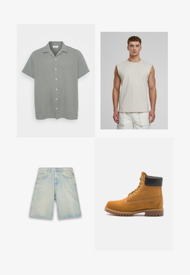 Kortermet, skjortekragen i lysegrå, laget av teksturert stoff med en litt rynkete utseende. Har hvite knapper nedover foran.; Urban Classics OPEN EDGE SLEEVELESS - Topper - cloud; Lys blå denimshorts med løs passform, fem lommer, lett slitasje og synlige sømmer. Har en knapp og glidelås-lukking.; Beige semskede ankelstøvel med svart polstret krage, gullmetalløyer, hvite sømdetaljer og robust gummisåle med påfallende mønster.