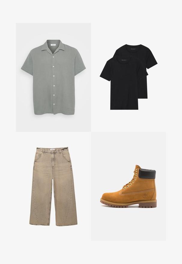 Rövid ujjú, galléros ing világosszürke színben, textúrált anyagból, enyhén gyűrött hatású. Elöl fehér gombokkal díszítve.; Két fekete pamut póló, rövid ujjú, kerek nyakkivágással és sima textúrával, egymásra rakva bemutatva.; PULL&BEAR MEGA BAGGY - Túlméretezett farmernadrág - light grey; Barna velúr bokacipő fekete párnázott gallérral, arany fém fűzőlyukakkal, fehér varrási részletekkel és durva gumitalppal, amelynek kifejezett barázdái vannak.