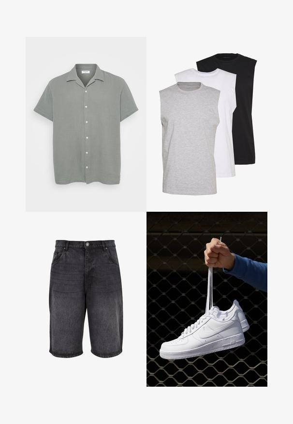 Korteærmet skjorte med krave i lys grå, lavet af strukturstof med et let krøllet udseende. Har hvide knapper ned langs fronten.; Tre ærmeløse t-shirts i grå, hvid og sort. Blødt bomuldsmateriale med rund hals og afslappet pasform. Enkel design, ingen mønstre.; Sorte denim shorts med en afslappet pasform, fem lommer og knaplukning. Stoffet har en glat tekstur med let falming.; Hvide lædersneakers med perforeringer, rund tå, flad sål og tykke snørebånd, med et synligt swoosh-logo og "AIR" på hælen.