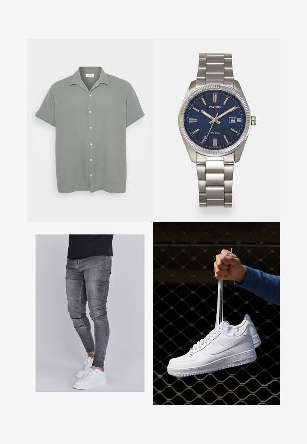 Košile s krátkým rukávem a límečkem v světle šedé barvě, vyrobená z texturované tkaniny s mírně pomačkaným vzhledem. Má bílé knoflíky na přední straně.; Slim fit džíny v bledě šedém denimovém provedení, s opotřebovanými detaily na kolenou, kombinované s bílými teniskami. Hladká textura, těsný střih.; Bílé kožené tenisky s perforacemi, kulatou špičkou, plochou podrážkou a silnými tkaničkami, které mají viditelné logo swoosh a nápis "AIR" na patě.; Stříbrný nerezový náramkový hodinky s navy modrým ciferníkem, kovovými hodinovými značkami a oknem pro datum na hodině 3. Vodotěsné do 50 metrů.