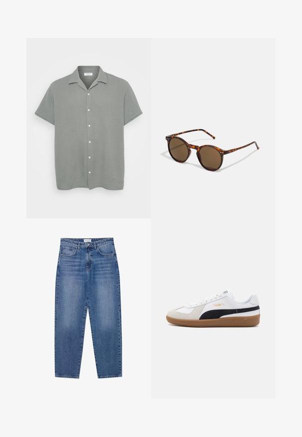Koszula z krótkim rękawem, z kołnierzykiem w jasnoszarym kolorze, wykonana z teksturowanej tkaniny o lekko pomarszczonym wyglądzie. Posiada białe guziki na przodzie.; Niebieskie dżinsy o wysokim stanie, prostym kroju nogawki i wyblakłym wykończeniu. Posiadają pięć kieszeni i zapięcie na guzik.; Białe sneakersy z czarnym zamszowym paskiem po bokach, tanową gumową podeszwą oraz teksturowanym wykończeniem. Oferują białe sznurówki oraz detale z logo Pumy.; Okrągłe okulary przeciwsłoneczne z oprawką w kolorze żółwia i brązowymi soczewkami. Posiadają cienkie zauszniki z delikatną fakturą oraz metalowe akcenty w pobliżu soczewek.