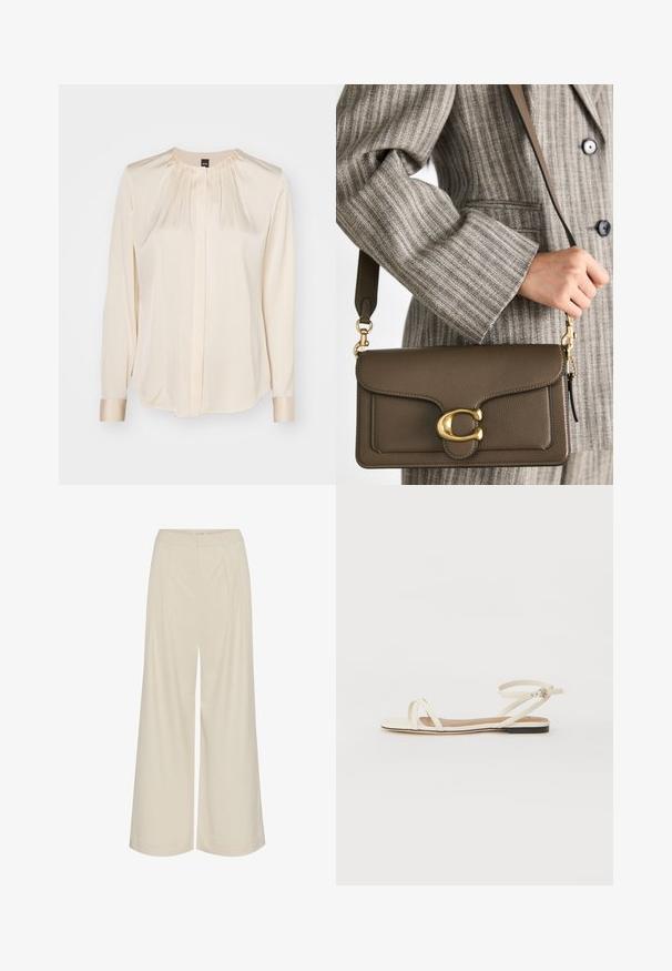 BOSS BANORAH - Skjortebluser - open yellow; Vide bukser i en lys beige stof, med folder, høj talje og en glat tekstur uden synlige pynt.; Flade sandaler i creme læder med tynde krydsende stropper, ankelrem med spænde, minimalistisk design og en kontrastfyldt sort sål.; COACH TABBY SHOULDER BAG 26 - Håndtasker - dark stone