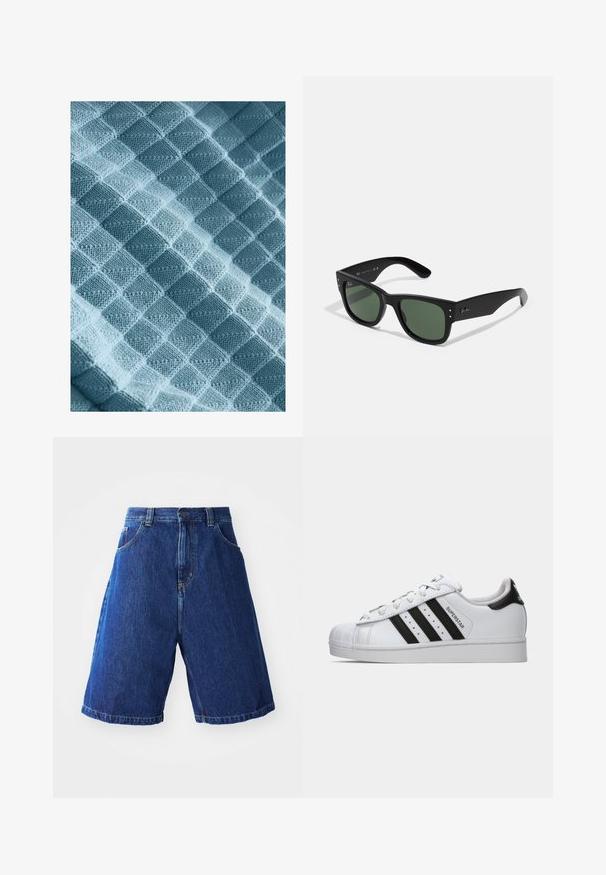 Pletená látka v svetlomodrej farbe, s textúrovaným vzorom vystúpenej kocky a diamantu, vystihujúca jemnú, teplú a hmatovú kvalitu.; Biely bavlnený tielko s okrúhlym výstrihom, širokými ramennými popruhmi a rovnom spodným lemom, ktoré má hladkú textúru a žiadne viditeľné vzory.; Džínové šortky s modrým umytím, s vysokým pásom, dvoma prednými vreckami a žltým prešívaním pozdĺž švov.; Biele tenisky Adidas Superstar s čiernymi pruhmi, špičkou v tvare mušle a textom "Superstar" na boku, zobrazené z ľavého profilu na bielom pozadí.; Čierne obdĺžnikové slnečné okuliare so zelenými šošovkami, matný povrch, subtilné detaily a embosovaný logo na stranici.; Tri zástery: jedna žltá s čiernymi vzormi, jedna biela s čiernymi dizajnmi a jedna čierna s bielou grafikou. Všetky sú štvorcové, z ľahkej látky.