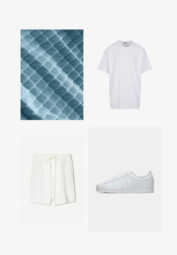 Strickstoff in Hellblau, mit einem strukturierten Muster aus erhabenen Quadraten und Rauten, das eine weiche, warme und taktile Qualität zeigt.; Weiße Baumwoll-T-Shirt mit kurzen Ärmeln, rundem Ausschnitt, lockerer Passform und ohne sichtbare Logos oder Muster. Glatte Textur und minimalistisches Design.; Weiße sportliche Shorts aus leichtem Stoff mit einem elastischen Bund und einem Kordelzug sowie seitlichen Taschen. Glatte Textur.; Weiße Ledersneaker mit einer strukturierten Gummi-Zehenkappe, drei seitlichen Streifen und einem gepolsterten Kragen. Flache weiße Schnürsenkel und ein minimalistisches Design.