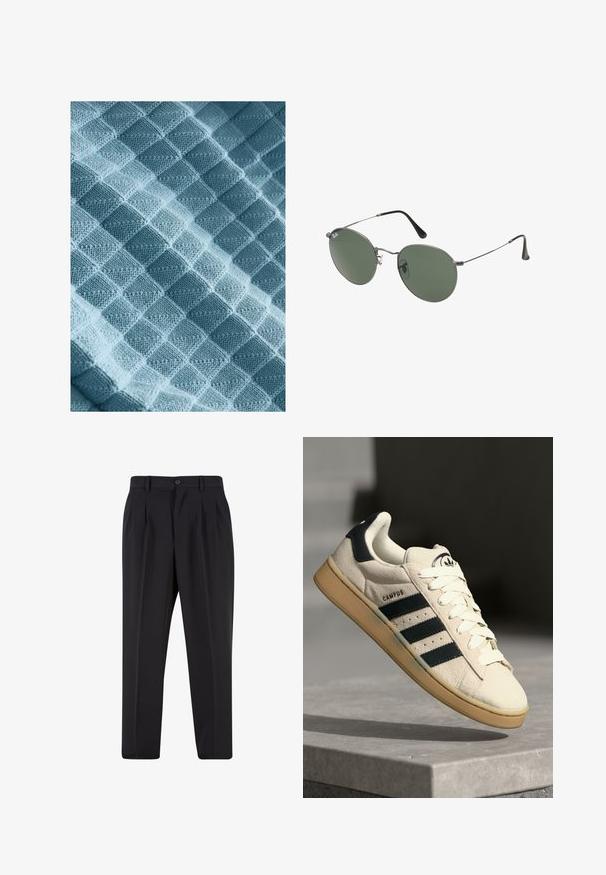 Pleteni materijal u svijetloplavoj boji, s teksturiranim uzorkom uzdignutih kvadrata i dijamanata, koji pokazuje mekanu, toplu i taktilnu kvalitetu.; Crne hlače s nabranim prednjim dijelom, izrađene od glatkog materijala. Imaju zatvaranje na gumb i petlje za remen; ravne su krojen.; Beige suédne tenisice s tri tamnoplave pruge, bijelim vezicama i svijetlosmeštim gumiranim đonom. Sadrži logo na jeziku i natpis "CAMPUS".; Naočale s metalnim okvirom i ovalnim zelenim staklima. Tanka srebrna metalna konstrukcija i crni silikonski jastučići za uši. Minimalistički dizajn, bez vidljivih logotipa.