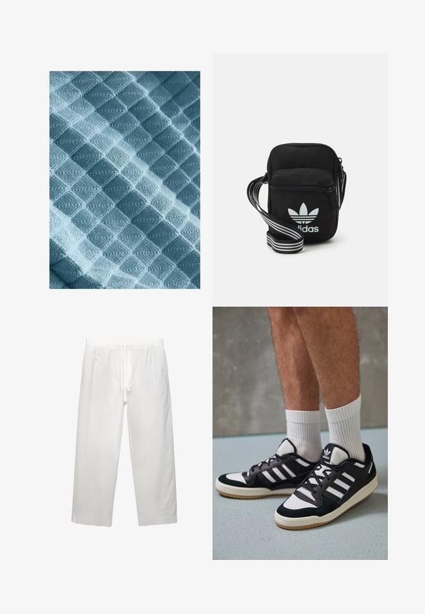 Gebreide stof in lichtblauw, met een gestructureerd patroon van verheven vierkanten en diamanten, dat een zachte, warme en tastbare kwaliteit toont.; Witte linnen broeken met een elastische tailleband met koord, een wijd been ontwerp en schone naden. Glad textuur met een casual pasvorm.; Zwart-witte sneakers met een bovenwerk van suede en leer, voorzien van drie witte strepen, een geperforeerde neus en een rubberen gumzool.; Zwarte stoffen schoudertas met een ritssluiting, voorzien van een wit Adidas-logo en een gestreepte, verstelbare schouderband voor gemakkelijk dragen.