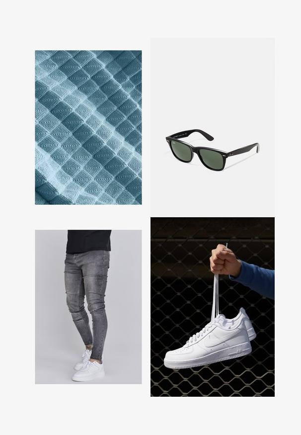 Tejido de punto en azul claro, con un patrón texturizado de cuadrados y diamantes en relieve, que muestra una calidad suave, cálida y táctica.; Jeans ajustados en denim gris desgastado, con detalles desgastados en las rodillas, combinados con zapatillas blancas. Textura suave, diseño de corte slim.; Zapatillas de cuero blanco con perforaciones, punta redonda, suela plana y cordones gruesos, con un logo de swoosh visible y "AIR" en el talón.; Gafas de sol de plástico negro con lentes verdes, montura cuadrada, acento plateado en la ceja y brazos texturizados. Marca indicada en el brazo interno.; Reloj de pulsera de acero inoxidable plateado con una esfera azul marina, marcadores horarios metálicos y una ventana de fecha a las 3 en punto. Resistente al agua hasta 50 metros.