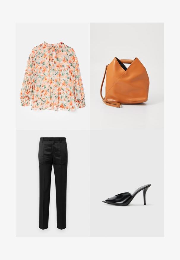 Květinová blůza s jemným broskvovým pozadím, zdobená oranžovými květinami a zelenými listy. Dlouhé nadýchané rukávy, nařasené manžety a vázací výstřih.; Černé kalhoty na míru se rovnými nohavicemi a pasem s poutky na opasek, které se vyznačují kombinací matných a lesklých panelů tkaniny.; Černé kožené vysoké muly s otevřenou špičkou, špičatým designem, hladkým povrchem a štíhlým jehlovým podpatkem.; Hnědá kožená kabelka s unikátním trojúhelníkovým skladem, horním uchem a odnímatelným ramenním popruhem na bílém pozadí.