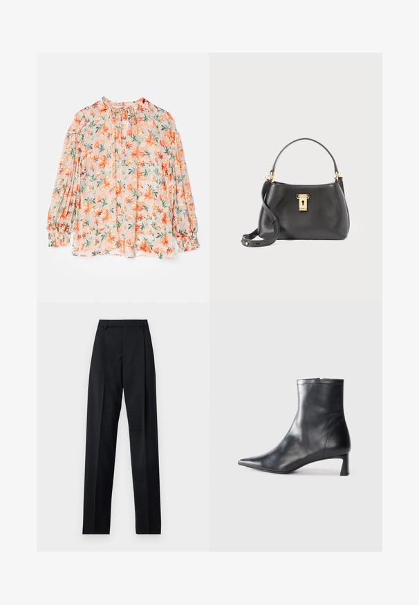 Blumenbluse mit einem hellen Pfirsich-Hintergrund, der orangefarbene Blumen und grüne Blätter zeigt. Lange Puffärmel, geraffte Manschetten und ein gebundenes Dekolleté.; Schwarze Hosen aus glattem Stoff mit hoher Taille, weitem Bein, vorderen Falten und klassischen Gürtelschlaufen. Keine sichtbaren Seitentaschen.; Schwarze Lederstiefelette mit spitzer Zehe und schlankem Design. Verfügt über einen niedrigen Absatz und einen Reißverschluss hinten. Glatte Textur.; Schwarze Lederhandtasche mit strukturiertem Finish, mit einem goldenen Schlossverschluss, kurzen Tragriemen und einem abnehmbaren Schulterriemen.