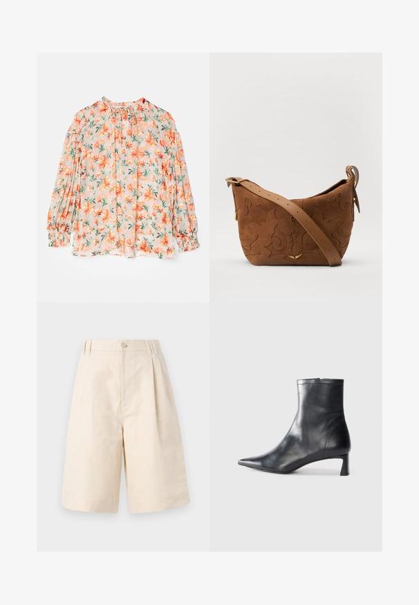 Blouse florale avec un fond pêche clair, ornée de fleurs orange et de feuilles vertes. Manches longues bouffantes, poignets froncés et décolleté à nouer.; Shorts en lin beige avec une coupe décontractée, présentant une fermeture à bouton, un design plissé et une longueur à mi-genou. Texture lisse et style simple.; Bottine en cuir noir avec un bout pointu et un design épuré. Présente un petit talon et une fermeture éclair à l'arrière. Texture lisse.; Sac à épaule en suede marron avec un motif floral en relief, complété par une bandoulière en cuir marron lisse et des accents en métal doré.