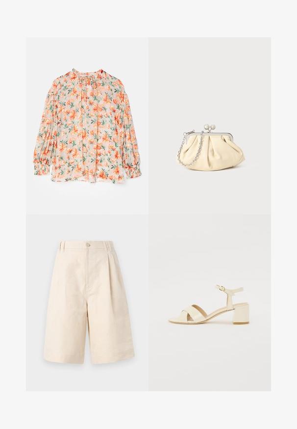 Blouse florale avec un fond pêche clair, ornée de fleurs orange et de feuilles vertes. Manches longues bouffantes, poignets froncés et décolleté à nouer.; Shorts en lin beige avec une coupe décontractée, présentant une fermeture à bouton, un design plissé et une longueur à mi-genou. Texture lisse et style simple.; Sandales à talons en cuir verni beige avec un design à brides croisées, bout ouvert, bride de cheville réglable et un talon carré. Texture lisse.; Pochette en cuir beige plissé avec un cadre en métal argenté, dotée de deux fermoirs ronds décoratifs et d'une chaîne en argent.