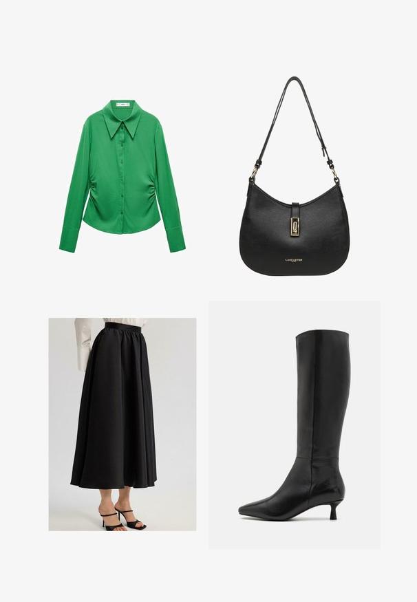 Green long-sleeve shirt with a large collar, front buttons, and gathered detailing on the sides. Made from smooth, lightweight fabric.; Black maxi skirt made of smooth fabric, featuring a gathered waistband and flowing design, paired with black strappy heels.; Zign Boots - black; Black leather shoulder bag with a curved design, featuring a gold-tone hardware clasp and embossed logo on the front. Textured surface.