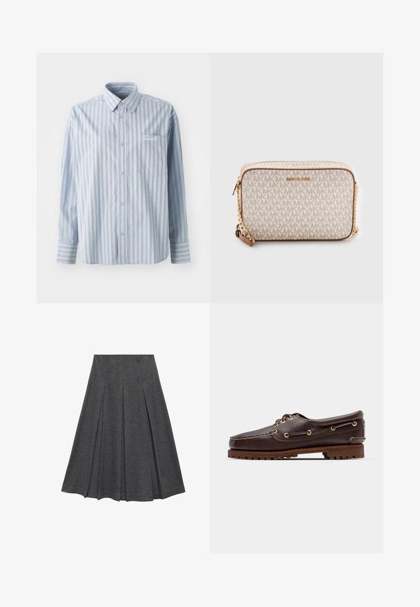 Helles blaues Langarm-Hemd mit weißen und dunklen vertikalen Streifen sowie einer Brusttasche mit weißer Schriftstickerei.; Grauer, plissierter Rock mit ausgestellt Form, aus weichem Stoff. Verfügt über vertikale Falten und einen glatten Bund für einen figurschmeichelnden Look.; Braune Lederbootsschuhe mit goldenen Ösen, runden Schnürsenkeln und einer strukturierten braunen Gummisohle. Verfügt über genähte Details und ein erhabenes Logo.; Beige Umhängetasche aus Canvas mit einem sich wiederholenden MK-Logo-Muster, goldfarbenen Beschlägen und einem Kettenriemen. Mit Reißverschlussverschluss und Lederakzenten.