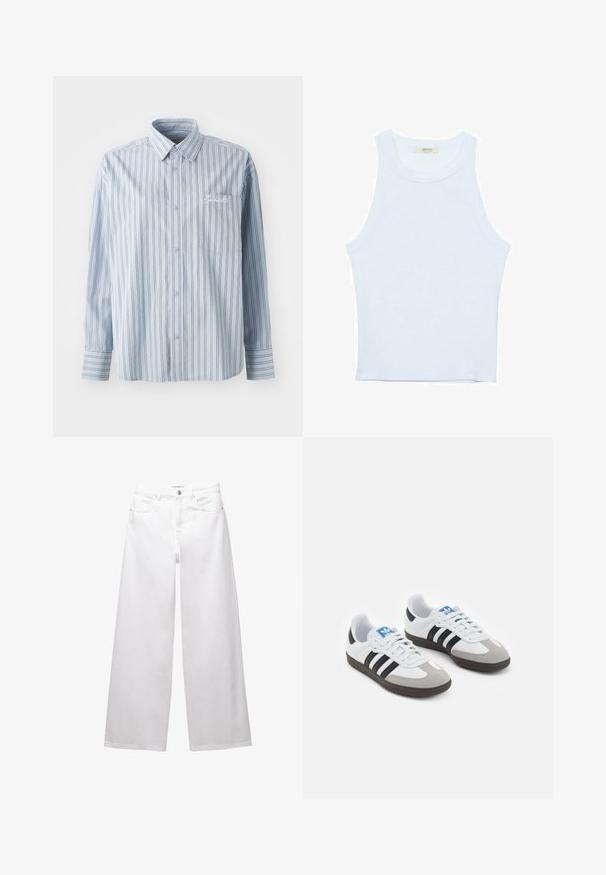 Camicia azzurro chiaro a maniche lunghe con bottoni, caratterizzata da strisce verticali bianche e scure, e una tasca sul petto anteriore con ricamo bianco a scrittura.; Canotta bianca, texture a coste, scollatura rotonda, design senza maniche, forma aderente, branding sottile sull'etichetta all'interno dell'area del colletto.; Jeans bianchi a gamba larga realizzati in denim. Presentano chiusura con bottone, tasche anteriori e posteriori, e cuciture rinforzate. Tessuto liscio con dettagli minimi.; Scarpe sportive con tomaia in pelle bianca, punta in suede grigia e tre strisce nere. Presentano un logo blu sulla linguetta e una suola in gomma testurizzata.