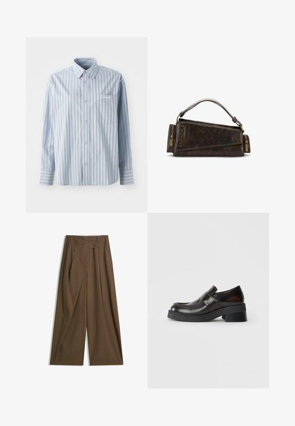 Helles blaues Langarm-Hemd mit weißen und dunklen vertikalen Streifen sowie einer Brusttasche mit weißer Schriftstickerei.; Braune weite Hose mit dünnen weißen Streifen, hoher Taillenschnitt, vorderer Knopfverschluss und Überwurfpanel im Wickelstil.; Braune Lederloafer mit einem dicken schwarzen Absatz, die über ein gestepptes Design und einen Riemen über dem Fußrücken für zusätzlichen Detailreichtum verfügen.; Braune Lederhandtasche mit geometrischem Design, ausgestattet mit einem oberen Griff und Messingreißverschluss-Akzenten. Logo ist an der Seite eingeprägt.; Goldfarbene Fossil-Uhr mit einem strukturierten, cremefarbenen Zifferblatt, schmalen Stundenmarkierungen und einer Krone. Sie verfügt über ein rundes Gehäuse mit einer gerippten Lünette.