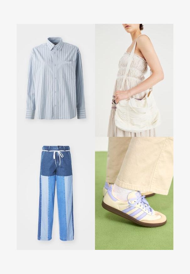 Lyseblå langærmet skjorte med knaplukning, hvide og mørke lodrette striber og en brystlomme med hvid skriftbroderi.; Blå denimbukser med et patchwork-design i forskellige nuancer af blå, snor i taljen og løse, lige ben.; Creme og lavendel sneakers med tre striber og en tekstureret brun sål, der har snørebånd og en polstret hæl. Blødt stof øvre.; Hvid stof skuldertaske med sammensunket tekstur, justerbar rem og sølvbeslag. Vist sammen med en cremefarvet kjole.