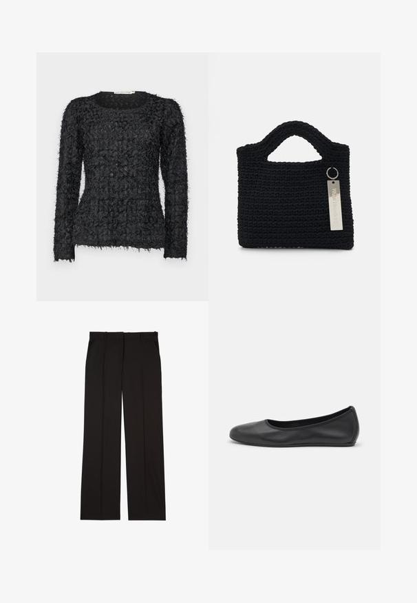 Crni teksturirani dugački pulover s jedinstvenim slojevitim dizajnom, s razfrkanim nitima i okruglim izrezom.; Crne krojene hlače izrađene od glatkog materijala, s ravnim krojem i dva bočna džepa. Elegantna i minimalistička konstrukcija.; Crne kožne baletanke s zaobljenim vrhom, glatke teksture, minimalnim detaljima šavova i fleksibilnim dizajnom potplata.; Won Hundred MARSIELLE COMPUTER BAG UNISEX - Torba za prijenosno računalo - black
