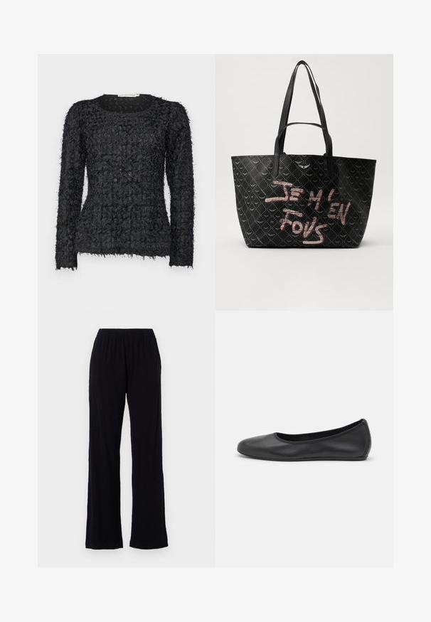 Maglione lungo nero con texture, caratterizzato da un design a strati unico con accenti di filato sfilacciato e scollatura tonda.; Pantaloni neri, leggeri, con cintura elastica e design a gamba dritta. Texture morbida senza motivi o accenti visibili. Stile semplice e versatile.; Pantofole da balletto nere in pelle con punta arrotondata, texture liscia, dettagli di cucitura minimi e design con suola flessibile.; Borsa tote nera in materiale testurizzato con motivo a diamante, dotata di manici e di un audace testo rosso e bianco che recita "JE M'EN FOUS."