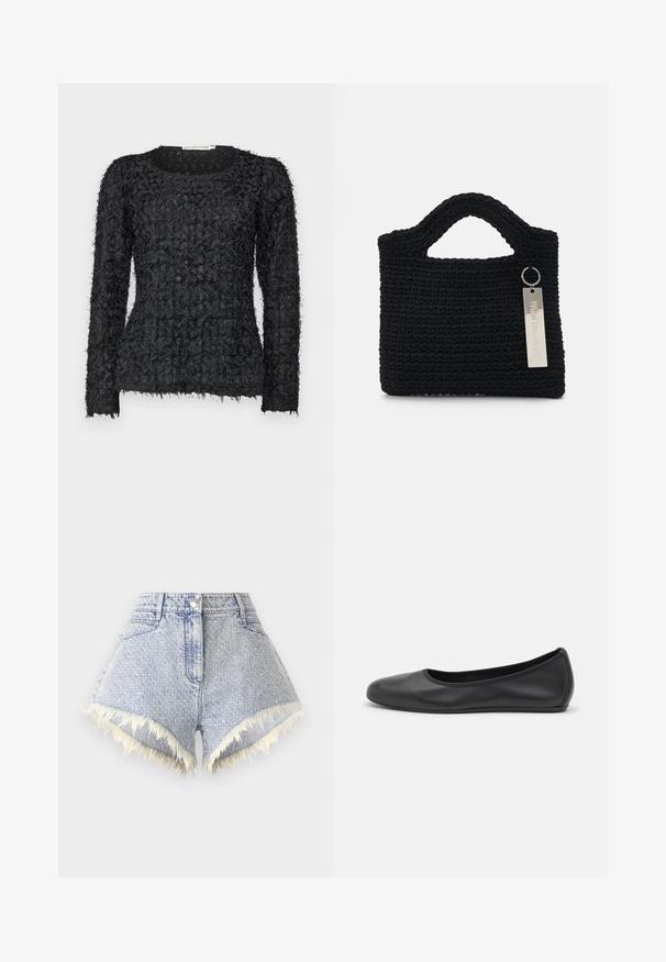 Schwarzer, strukturierter Pullover mit langen Ärmeln, der ein einzigartiges, geschichtetes Design mit ausgefransten Garnakzenten und einem runden Halsausschnitt aufweist.; Hellblaue Denim-Shorts mit einem ausgefransten Saum und weißen Akzenten, ausgestattet mit einem vorderen Knopfverschluss und zwei Gesäßtaschen.; Schwarze Leder-Ballettschuhe mit abgerundeter Spitze, glatter Textur, minimalen Nähdetails und einem flexiblen Sohlen-Design.; Won Hundred MARSIELLE COMPUTER BAG UNISEX - Notebooktasche - black