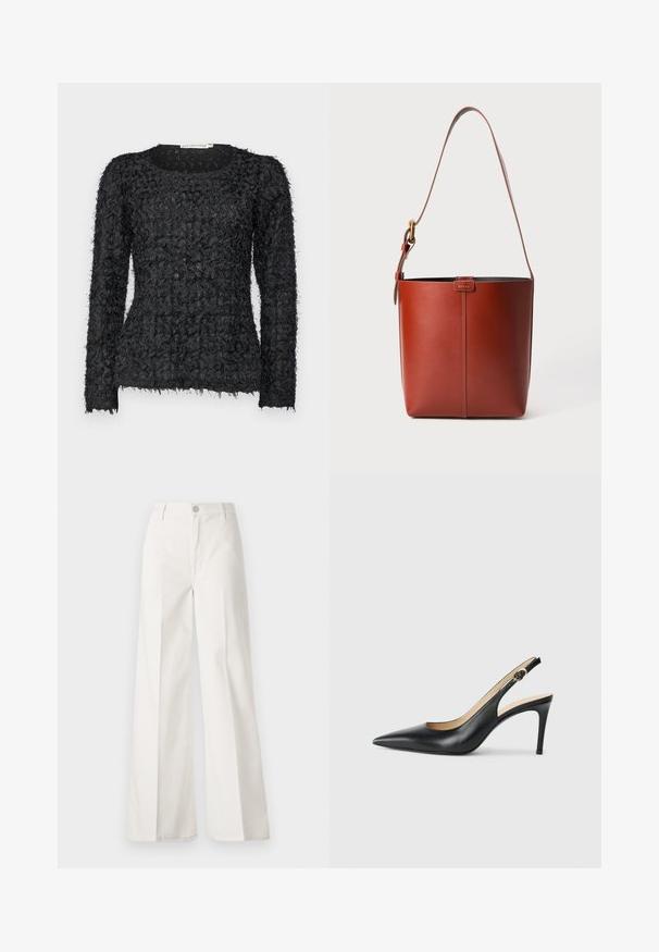 Črn teksturiran pulover z dolgimi rokavi, ki ima edinstveno plastično zasnovo z raztrganimi nitkami in okroglim izrezom.; Bele široke hlače iz bombaža z gladko teksturo. Imajo gumb spredaj, zadrgo in zasnovo z štirimi žepi.; Črne usnjene petke s slingback obliko, ostro konico, nastavljivim trakom in elegantnim stiletto peto, s gladko obdelavo.; Rjava usnjena torba v obliki vedra z nastavljivim ramenskim trakom in zlatim sponko, preprosta navpična šivna podrobnost spredaj.