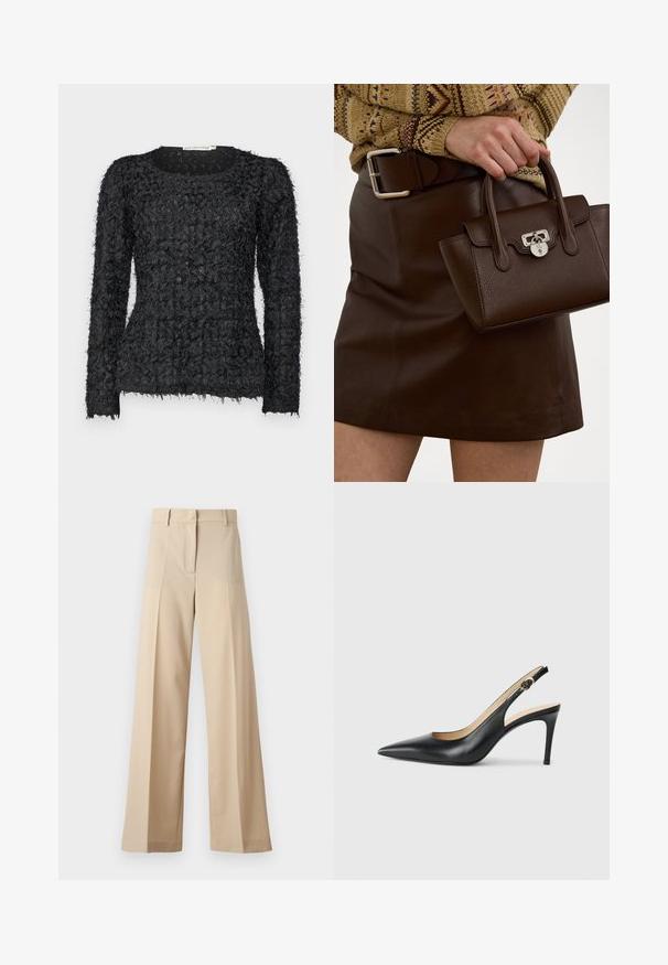Černý texturovaný svetr s dlouhým rukávem, který má jedinečný vrstvený design s třepenými akcenty z příze a kulatým výstřihem.; Beige široké kalhoty vyrobené z hladké tkaniny, s plochým předním dílem a záhyby, s zipovým zapínáním a poutky na pásek. Celkově střižené na míru.; Černé kožené lodičky na podpatku s špičatou špičkou, nastavitelným páskem a elegantním jehlovým podpatkem, vyznačující se hladkým povrchem.; Hnědá kožená kabelka s texturovaným povrchem a stříbrným hardwarem, drží ji ruka vedle hnědé kožené sukně a vzorovaného svetru.