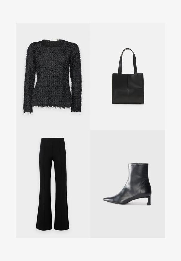 Black textured long-sleeve sweater featuring a unique layered design with frayed yarn accents and a round neckline.; Black flared pants with a high waist, made of stretchy fabric. Features vertical seam details on the front and a smooth texture.; Black leather ankle boot with a pointed toe and a sleek design. Features a low heel and a zipper closure at the back. Smooth texture.; Black leather tote bag with two handles, rectangular shape, smooth texture, and stitched panel design. No hardware or additional accents.