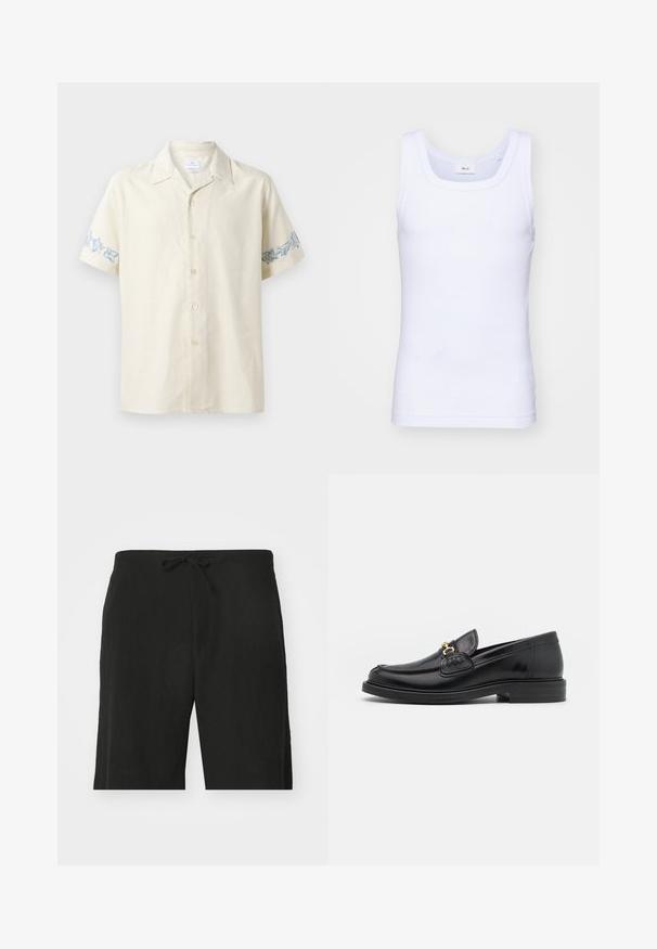 Koszula z krótkim rękawem w jasnym beżowym kolorze, wykonana z miękkiego materiału, z niebieskimi haftami kwiatowymi na rękawach i zapięciem na guziki z przodu.; Biała bawełniana koszulka bez rękawów z okrągłym dekoltem, charakteryzująca się gładką fakturą i dopasowanym krojem, zaprojektowana do noszenia na co dzień.; Czarne lniane szorty z przeszyciem w talii, charakteryzujące się luźnym krojem i długością do kolan. Gładka faktura, prosty i klasyczny styl.; Czarne skórzane loafersy z zaokrąglonym noskiem, z ozdobnymi złotymi akcentami i detalami szycia, osadzone na niskiej, teksturowanej gumowej podeszwie.