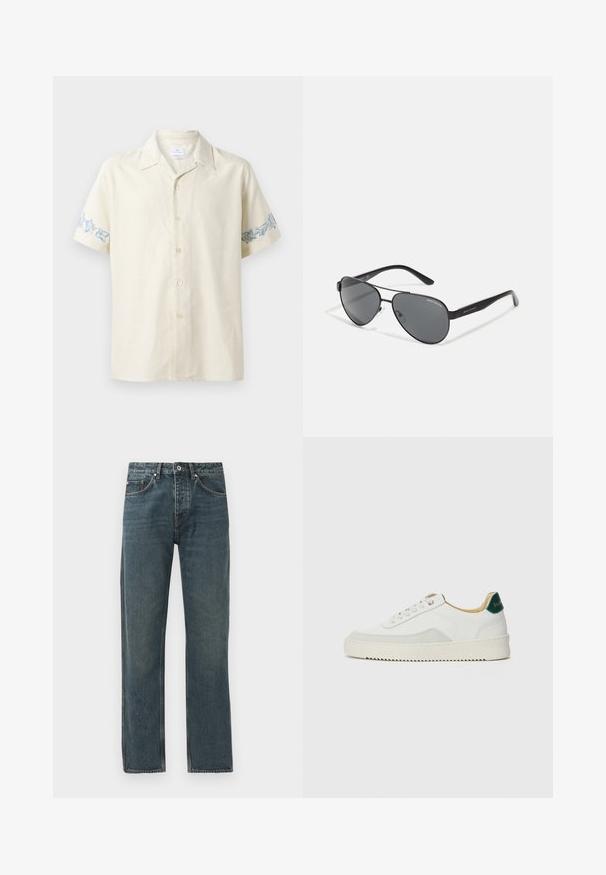 Šviesiai bežinis, trumpomis rankovėmis marškinėliai, pagaminti iš minkštos medžiagos, su mėlyna gėlių siuvinėjimu ant rankovių ir mygtukais priekyje.; Tamsiai mėlyni džinsai su tiesiomis kojomis, turintys penkis kišenes, mygtuko uždarymą ir kontrastingus siuvimo akcentus.; Baltos sportbačiai su zomšos akcentais, apvaliu nosiu, plokščiais raišteliais ir kreminės spalvos guminiu padu. Ant kulno yra žalia ženklinimo detalė.; Juodos aviacijos akiniai su tamsiais lęšiais, plonu metaliniu rėmeliu ir lieknais plastikiniais šonais, kuriuose yra logotipo akcentai.