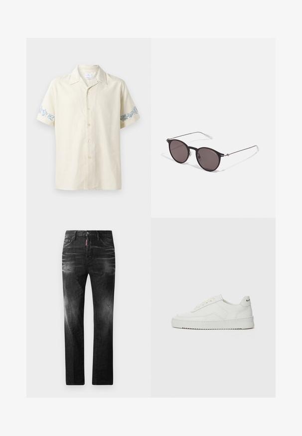Īsām piedurknēm, gaiši beidža krāsas krekls, kas izgatavots no mīksta auduma, ar ziliem ziedu izšuvumiem uz piedurknēm un pogāmu priekšpusi.; Melni džinsi no denima ar taisnu piegriezumu. Iespējas ietver izbalējušas vietas, nelielas nodiluma pazīmes, klasisko piecu kabatu dizainu un pogu aizdari.; Baltas ādas sneakers ar gludu virsmu, apaļu pirkstu daļu, plakaniem šņorēm un teksturētu zoli. Satur diskrētu logotipu uz papēža.; Melni apaļi saulesbrilles ar tumšiem lēca un plānām metāla stangām. Iekļautas caurspīdīgas tempļu galviņas un sudraba akcenti pie eņģes. Minimalistisks dizains.