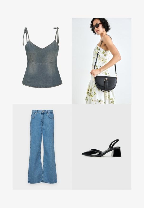 Denim felső állítható kötőpántokkal, V kivágással és bővülő sziluettel. Világoskék szín, látható varrási részletekkel az egész felületen.; Világoskék, trapézszárú farmernadrág, magas derékkal, öt zsebbel és egy gombos záródással. Puha tapintású, magasított effektusú anyag.; Fekete lakk bőr szandálkés magas sarkú cipő, hegyes orral és geometrikus tömbsarkakkal. Karcsú, minimalista dizájn és sima textúra jellemzi.; Fekete bőrtáska ívelt formával, levehető pánttal és arany színű fémrészekkel. A táskán egy csattal díszített fedél található.