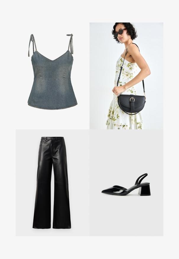 Denimist ülemine osa reguleeritavate sidemete ja V-kaelusega, flared siluetiga. Helesinine värv, millel on nähtavad õmblustead. ; Mustad talje laiad jalad kunstnahast püksid esipaneeli nööbi ja lukuga, vöödega ja küljetaskutega valge tausta peal.; Mustad musta lakknahk kingad, millel on terav varvas ja geomeetriline plokkkonts. Omab elegantselt minimalistlikku disaini ja sujuvat tekstuuri.; Mustmust mustraha kõverate joontega, eemaldatava rihmaga ja kuldsete detailidega. Kotil on klapp, millel on pandladetail.