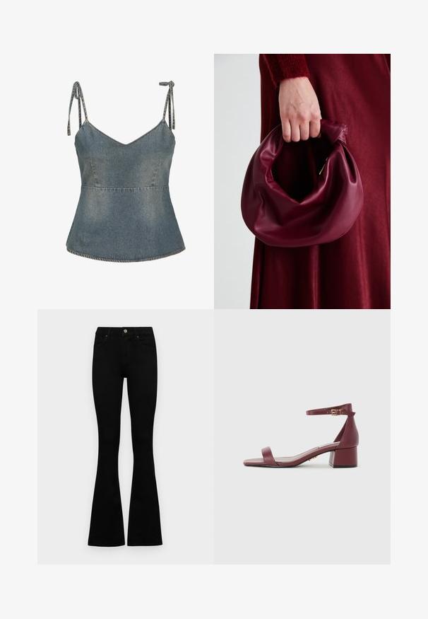 Džinsa tops ar regulējamiem saistēm, V veida kakla izgriezumu un izplestu siluetu. Gaiši zila krāsa ar redzamām dūriena detaļām visā virsmā.; Melni augsta jostas šorti ar pogu un rāvējslēdzēju, priekšējām kabatām un izplestām kājām, nolikti uz balta fona.; Burgundijas ādas sandales ar kvadrātveida purngalu, plānu potītes siksniņu, zelta detaļām un masīvu bloku papēdi. Gluda tekstūra un minimālisma dizains.; Burgundijas ādas rokassoma ar mīkstu, sakrautu dizainu un apaļu formu. Rokturi ir nostiprināti, parādot gludu tekstūru.