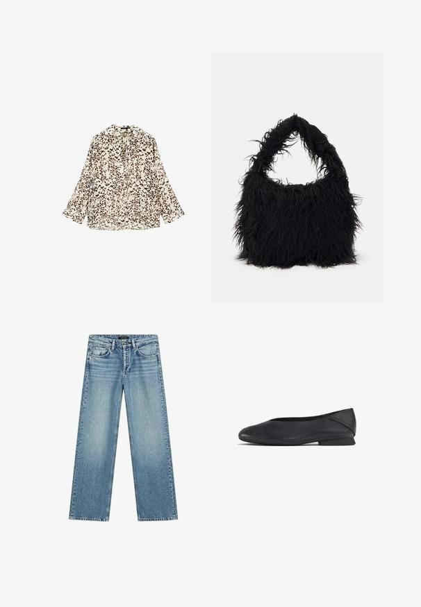 Blusa ampia in tessuto leggero con una base bianca e stampa a macchie di leopardo marrone, dotata di colletto e maniche lunghe.; Jeans azzurri a gamba larga realizzati in denim. Presentano cinque tasche, chiusura con bottone e una leggera scoloritura che conferisce un aspetto strutturato.; Scarpa piatta nera in pelle con punta arrotondata e tacco basso, progettata per un uso casual o formale.; Even&Odd Shopping bag - black