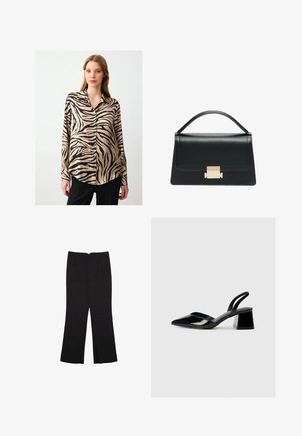 Blusa a maniche lunghe in tessuto setoso, con una base beige e righe zebrate nere. Chiusura con bottoni davanti, colletto classico e orlo curvo.; Pantaloni neri a gamba dritta, con tasche frontali e spacchi laterali all'orlo. Realizzati in tessuto morbido e liscio. Adatti a diverse occasioni.; Décolleté in vernice nera con punta affusolata e tacco in geometria cubica. Presentano un design elegante e minimalista, con una texture liscia.; Borsa a tracolla in pelle nera con design strutturato, manico superiore e dettaglio in metallo dorato sulla parte frontale. Texture liscia, cuciture minime.