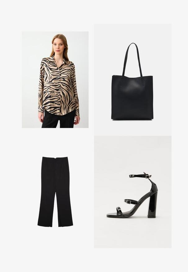 Chemisier à manches longues en tissu soyeux, doté d'une base beige avec des rayures zèbres noires. Devant à boutons, col classique et ourlet arrondi.; Pantalon noir avec une coupe droite, doté de poches avant et d'éclairs sur l'ourlet. Fabriqué en tissu doux et lisse. Convient à diverses occasions.; Sandales à talons vernies noires avec un bout carré, des sangles autour de la cheville et des boucles en argent. Dotées d'un talon bloc épais pour plus de stabilité.; Sac fourre-tout en cuir noir avec une texture lisse, de forme rectangulaire et deux longues poignées. Pas de matériel ou d'ornementations visibles.