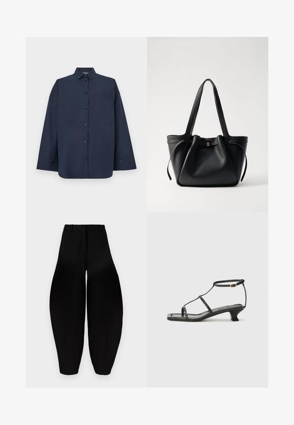 Navy blue long-sleeve button-up shirt with a collar and single chest pocket on a white background.; Black wide-leg trousers with a high waist, pleated front, and tapered ankles. Made from smooth fabric with a matte finish.; Black leather sandal with a square toe, thin straps, adjustable ankle strap, and a low heel. Features a small gold accent on the strap.; Black leather tote bag with two long straps, a cinched top, and a gold circular accent. Smooth texture with a minimalist design.; Gold floral stud earring features a textured black center and delicate detailing. Model's clear skin and braided hair are visible in profile.