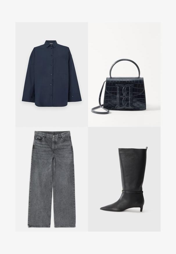 Laivastonsininen pitkähihainen nappipaita, jossa on kaulus ja yksi rintatasku, valkoisella taustalla.; Laivahousut tummanharmaasta denimestä. Ominaisuuksina korkea vyötärö, viisi taskua ja etupainon sulku. Sujuva pinta hienovaraisella haalistumisella.; Musta nahkainen polvipitkä saapas, jossa on terävä kärki, korostettuna ympyrämuotoisella nauhalla nilkassa ja matala, kapea korko. Sileä pinta.; Musta krokotiilivoimalla painettu nahkakäsilaukku, jossa on jämäkkä muotoilu, yläkahva, säädettävä hihna ja erottuva etuosan logoyksityiskohta.