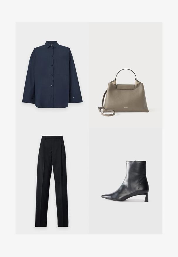 Navy blue long-sleeve button-up shirt with a collar and single chest pocket on a white background.; Black trousers made from smooth fabric featuring a high waist, wide legs, front pleats, and classic belt loops. No side pockets visible.; Black leather ankle boot with a pointed toe and a sleek design. Features a low heel and a zipper closure at the back. Smooth texture.; Textured gray leather handbag with a top handle and adjustable shoulder strap, featuring a minimalist design and subtle branding embossed on the front.