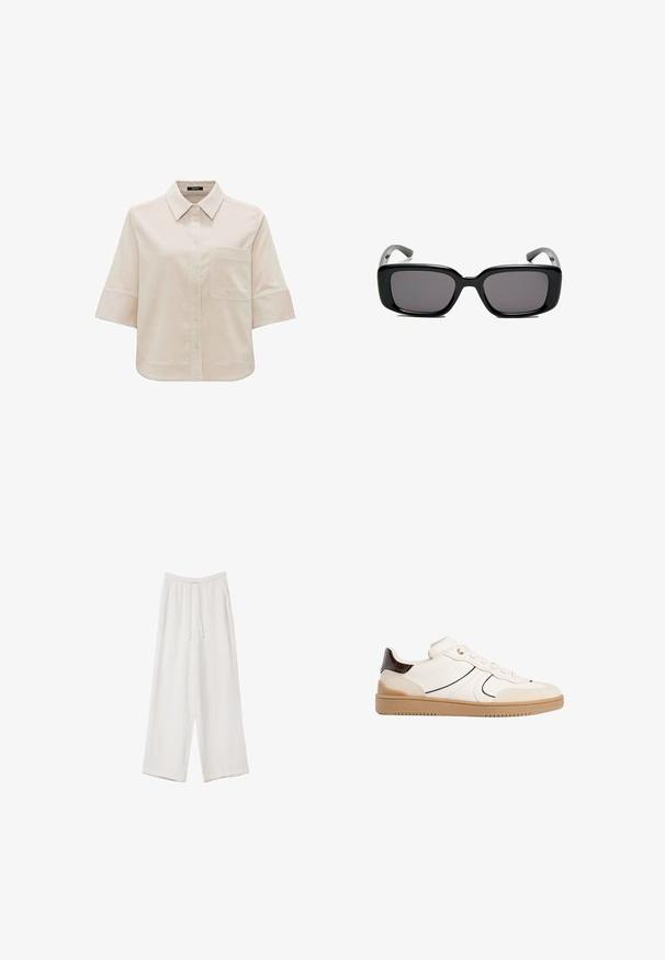 OPUS FAILISA - Button-down blouse - natural glaze; White wide-leg trousers made from a lightweight fabric. Features an elastic waistband with a drawstring and side pockets. Smooth texture.; Stradivarius Trainers - white; Black rectangular sunglasses with dark lenses, smooth plastic frame, and curved temples. The design is chunky with a minimalist aesthetic.