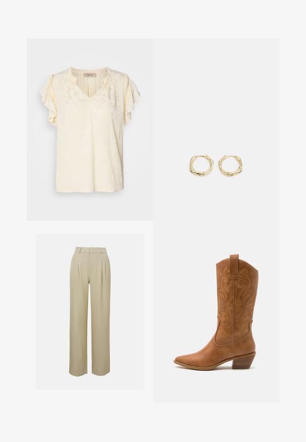 Top de manga corta y escote en V en crema claro con un patrón floral texturizado; presenta mangas con volantes y un ajuste relajado.; Pantalones de pierna ancha beige hechos de una tela suave, con pliegues frontales, una cintura ajustada y bolsillos laterales. Acabado limpio en el dobladillo.; Bota de vaquero de cuero marrón claro con punta afilada, patrones de espiral bordados en el tubo y un tacón bloque apilado. Cuenta con una pestaña de agarre para facilitar su uso.; Pendientes de aro de oro con forma irregular y texturizada. Presentan un cierre sin costuras y un acabado pulido, destacando un diseño moderno.