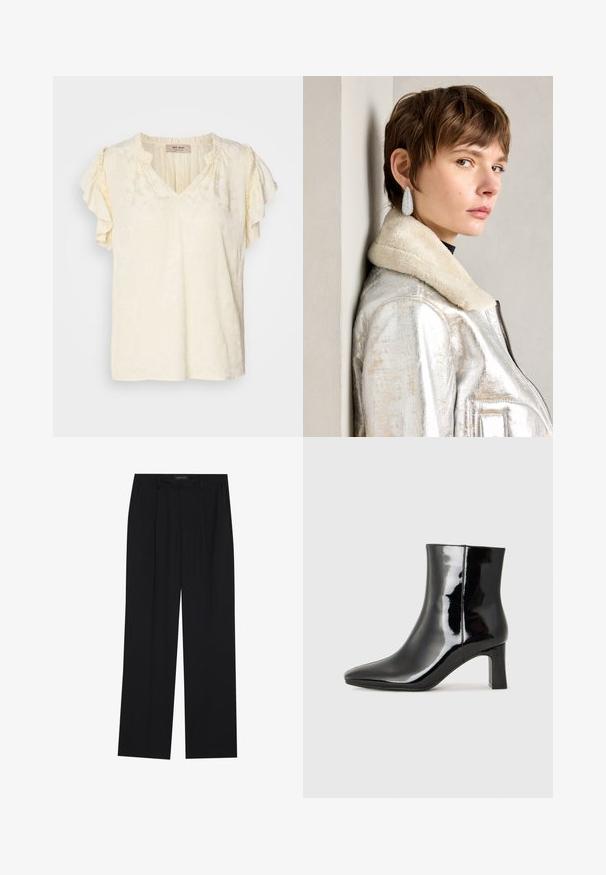Top cu mânecă scurtă și decolteu în V, de culoare crem deschis, cu un model texturat floral; are mâneci volănaș și o croială lejeră.; Pantaloni negri cu un design drept, dotati cu doua buzunare frontale si un talie. Fabricati dintr-un material usor si neted.; Botine negre din piele lacuită, cu vârful ascuțit și toc bloc de înălțime medie. Textură netedă și design minimalist.; Jachetă din piele metalizată argintie cu guler din blană, având închidere prin fermoar și suprafață texturată. Cercei mari în formă de lacrimă cu pietre semiprețioase clare.