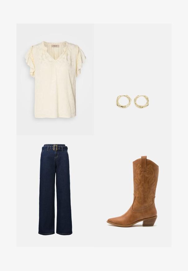 Top a maniche corte, scollo a V in crema chiara con motivo floreale testurizzato; presenta maniche arricciate e una vestibilità comoda.; Pantaloni in denim blu scuro a gamba larga con tasche cucite e una cintura abbinata con una grande fibbia rettangolare dorata.; Stivale cowboy in pelle marrone chiaro con punta affusolata, modelli ricamati a spirale sull'asta e tacco a blocco impilato. Presenta una linguetta per una facile calzata.; Orecchini a cerchio in oro con una forma irregolare e texture. Presentano una chiusura senza giunture e una finitura superficiale lucida, che enfatizza un design moderno.