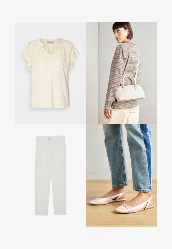 Kurzärmeliges V-Ausschnitt-Top in hellem Creme mit strukturiertem Blumenmuster; verfügt über Rüscheärmel und eine lockere Passform.; Weisse, maßgeschneiderte Hosen mit geradem Bein, die über einen Knopfverschluss, Gürtelschlaufen und Seitentaschen verfügen; glatte Stoffoberfläche.; Blassrosa Slingback-Ballerinas mit spitzem Punkt, aus einem glatten, lederähnlichen Material. Mit Ausschnitten an den Seiten und einem flachen Absatz.; Weiße strukturierte Handtasche mit kurzen Griffen und einem Schultergurt, ausgestattet mit goldfarbenen Hardware-Elementen und strukturiertem Material, vor einem grauen Hintergrund präsentiert.