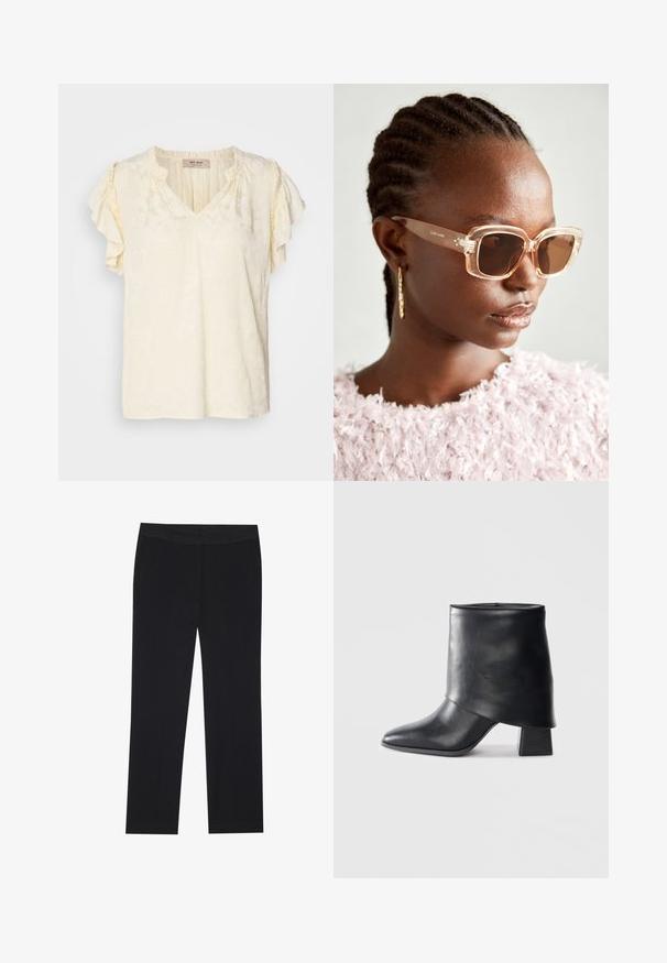 Top a maniche corte, scollo a V in crema chiara con motivo floreale testurizzato; presenta maniche arricciate e una vestibilità comoda.; Pantaloni neri con un design a gamba dritta, dotati di tasche laterali e una texture di tessuto liscia. Dettagli minimi, vita pulita.; Stivale in pelle nera alla caviglia con punta affusolata, texture liscia e tacco a blocco strutturato. Presenta un design con risvolto alto.; Occhiali da sole oversize beige con montatura trasparente e lenti marroni sfumate, caratterizzati da sottili accenti floreali e un design geometrico audace.; Borsa nera con forma strutturata, texture liscia e una chiusura metallica. Abbinata a pantaloni neri larghi e sandali open-toe su un pavimento in legno.