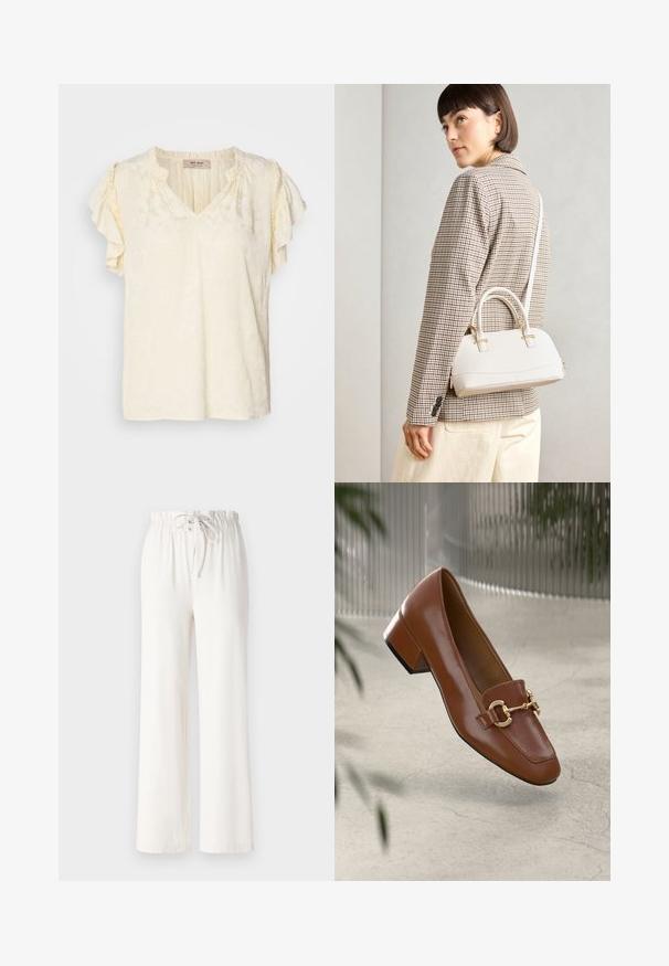 Camiseta de manga curta em creme claro com padrão floral texturizado; apresenta mangas com volantes e um corte descontraído.; Calças largas brancas feitas de tecido macio, com uma cintura elástica e textura suave. Sem padrões ou adornos visíveis.; Sandal com biqueira quadrada em couro patente castanho, com detalhe em corrente metálica e salto bloco baixo; textura suave, design minimalista.; Bolsa estruturada branca com alças curtas e uma alça de ombro, com detalhes em hardware dourado e material texturizado, exibida contra um fundo cinza.