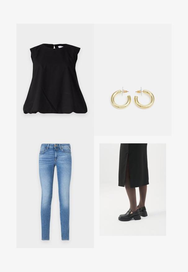 Čierny bezrukávový top s okrúhlym výstrihom, s dizajnom kľúčovej dierky na chrbte a jemným A-linajným strihom pre voľný pocit. Vyrobené z ľahkej látky.; Úzke modré denimové džínsy s mierne zvýšeným pásom, predným gombíkom a dizajnom s piatimi vreckami.; Čierne kožené topánky s okrúhlou špičkou, silným blokovým opätkom a elastickými bočnými akcentmi, skombinované s tmavými pančuchami a čiernou sukňou so štiepením.; Zlaté kruhové náušnice s hladkým, lesklým povrchom. Cirkulárny dizajn s malým steblom a jasným záznamom pre bezpečné nosenie.