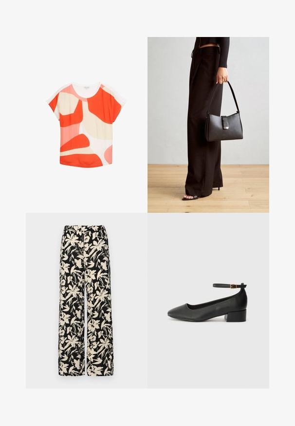 Krótki rękaw top z lekkiego materiału. Charakteryzuje się odważnym abstrakcyjnym wzorem z czerwonymi, różowymi i kremowymi kształtami. Okrągły dekolt i luźny krój.; Czarna bluzka krótki rękaw wykonana z gładkiego materiału, z fasonem peplum i paskiem w talii z dwoma okrągłymi, srebrnymi guzikami.; Czarne spodnie wide-leg z kremowym kwiatowym wzorem. Wykonane z lekkiego materiału, o gładkiej teksturze i wysokim staniku.; Czarne skórzane szpilki z ostrym noskiem i niskim słupkowym obcasem. Wyposażone w pasek na kostkę z złotym zapięciem. Gładka tekstura.; Czarna torebka o usztywnionym kształcie, gładkiej fakturze i metalowym zapięciem. Połączona z szerokimi czarnymi spodniami i sandałami na otwartym palcu na drewnianej podłodze.