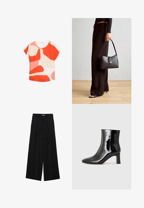Korte mouw top in een lichtgewicht stof. Beschikt over een gedurfde abstracte print met rode, roze en crèmekleurige vormen. Rond decolleté en een relaxte pasvorm.; Zwarte wijde broek van textuurstof, met een elastische tailleband en een afneembare sjaalstrik in de taille voor een verstelbare pasvorm.; Zwarte gepolijste leren enkellaars met een spitse neus en een blokhak van gemiddelde hoogte. Glad textuur en minimalistisch ontwerp.; Zwarte handtas met gestructureerde vorm, gladde textuur en een metalen sluiting. Gecombineerd met brede zwarte broeken en sandalen met open teen op een houten vloer.