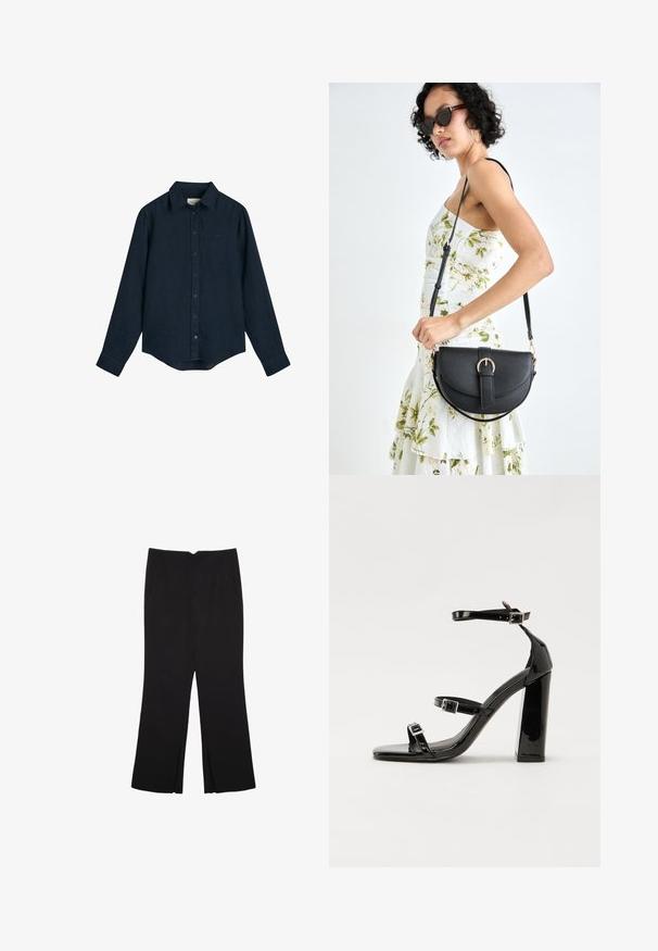 Námořnická modrá lněná košile s límečkem na knoflíky, dlouhými rukávy a rovním lemem. Obsahuje decentní logo na hrudi.; Černé kalhoty s rovným střihem, s předními kapsami a bočními rozparky na lemu. Vyrobené z jemné, hladké tkaniny. Vhodné na různé příležitosti.; Černé lakované sandály na podpatku se čtveratou špičkou, lýtkovými pásky a stříbrnými přezkami. Disponují masivním blokovým podpatkem pro stabilitu.; Černá kožená kabelka s křivkovým tvarem, odnímatelným popruhem a zlatými detaily. Kabelka má klopu s přezkou.